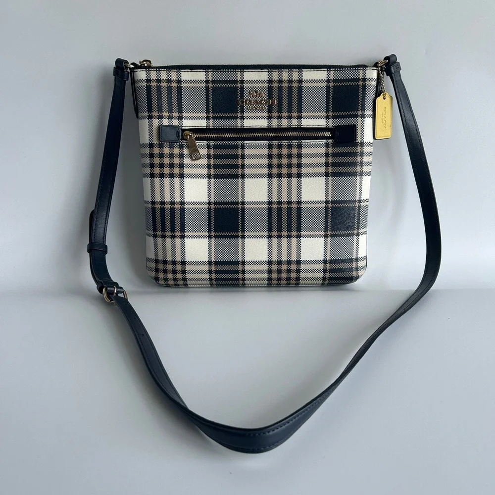 Coach Rowan File Bag Plaid Midnight Navy Coated Canvas Crossbody Excellent
